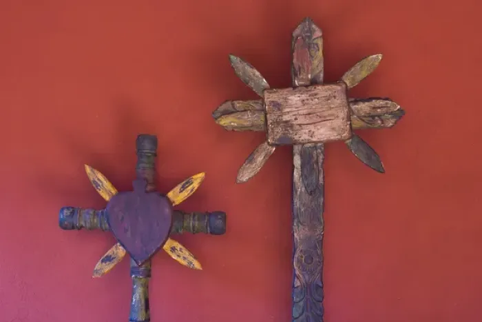 Framed Print : Mexico, San Miguel de Allende. Close-up of two wooden crosses against red wall. Credit as Framed Print : Mexico, San Miguel de Allende. Close-up of two wooden crosses against red wall. Credit as