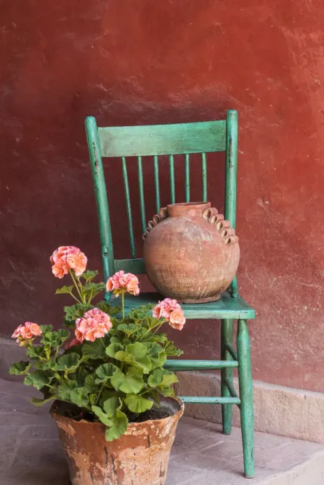 Framed Print : Mexico, San Miguel de Allende. Geraniums, flowerpots and chair decorate an entrance Framed Print : Mexico, San Miguel de Allende. Geraniums, flowerpots and chair decorate an entrance
