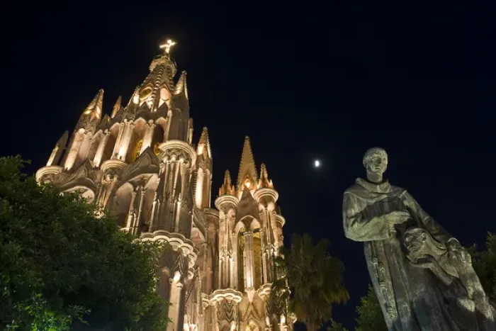 Framed Print : Mexico, San Miguel de Allende. Night view of lighted La Parroquia, the parish church