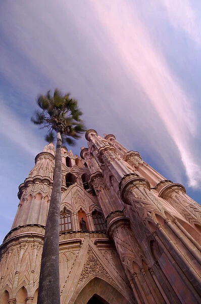 Mexico, San Miguel de Allende, The Parroquia Church, Church and Palm Tree at an angle