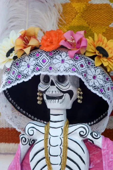 Framed Print : Mexico, San Miguel de Allende, Skeleton with hat on Day of The Dead festival. Credit as Framed Print : Mexico, San Miguel de Allende, Skeleton with hat on Day of The Dead festival. Credit as