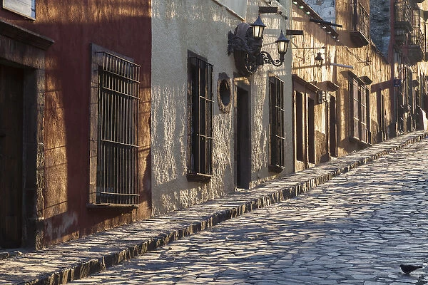 Mexico, San Miguel de Allende. Sunlight streams down a cobblestone lane in the village