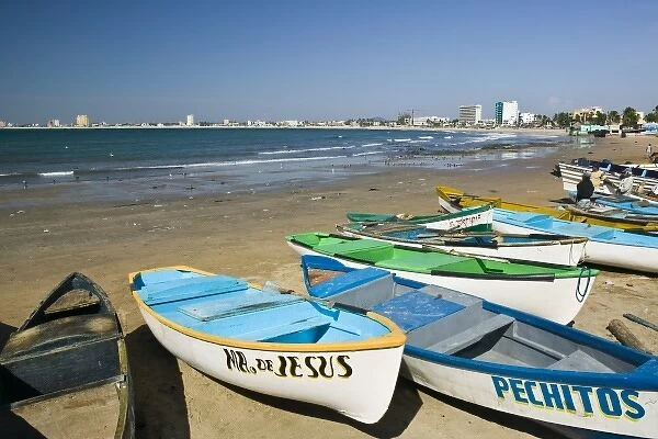 Mexico, Sinaloa State, Mazatlan. Playa Norte Beach- Fishing Boats