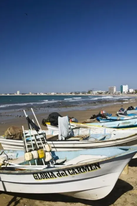 Framed Print : Mexico, Sinaloa State, Mazatlan. Playa Norte Beach- Fishing Boats