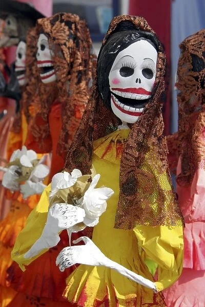 Mexico. Skeletal Catrinas, figures celebrating Dia de Los Muertos