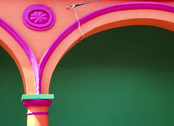 Mexico, Tlacotalpan. Colorful arch and decoration