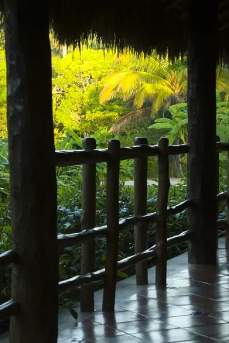 Framed Print : Mexico, Yucatan, Chichen Itza, view of garden from bungalow porch at Mayaland Hotel, PR Framed Print : Mexico, Yucatan, Chichen Itza, view of garden from bungalow porch at Mayaland Hotel, PR
