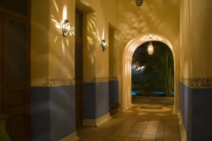 Framed Print : Mexico, Yucatan, Merida. Hallway at the Hotel MedioMundo in the town of Merida