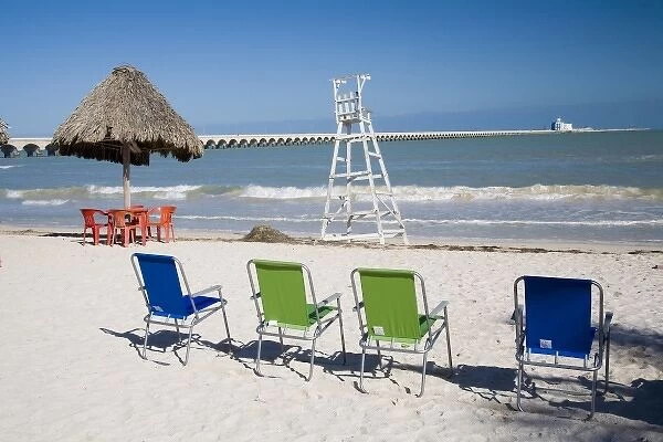 Mexico, Yucatan, Progreso. Looking at the Progreso pier from the beach