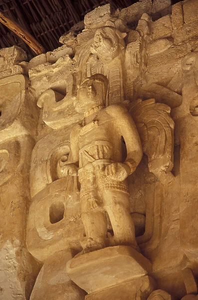 Mexico, Yucatan. Stucco bas-reliefs on the front facade of La Torre; Ek Balam ruins