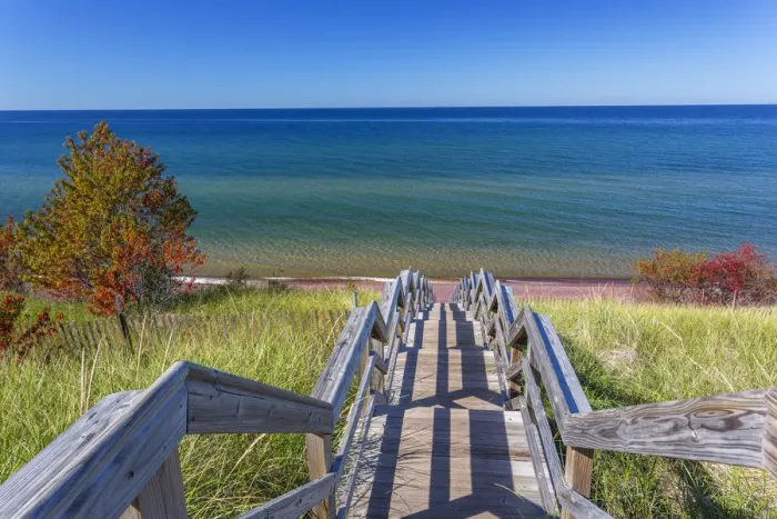 Framed Print : Michigan, Keweenaw Peninsula, Great Sand Bay, trail to beach and Lake Superior