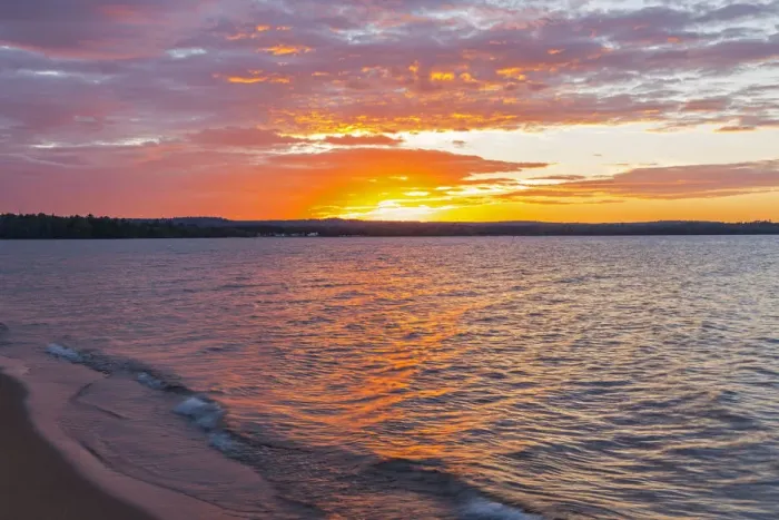 Framed Print : Michigan, Munising, Lake Superior at sunset