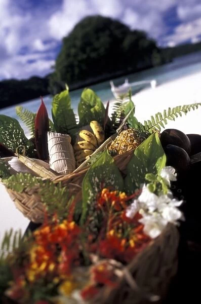 Micronesia, Palau. Traditional Palauan food in basket