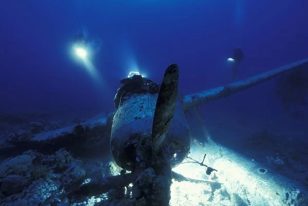 Micronesia, Palau, World Heritage Site. Divers inspecting WWII Japanese Jake Seaplane