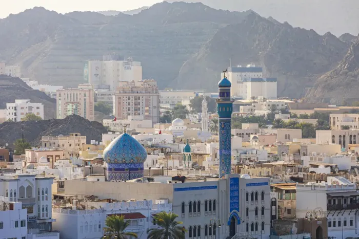 Framed Print : Middle East, Arabian Peninsula, Oman, Muscat, Muttrah. Blue minaret
