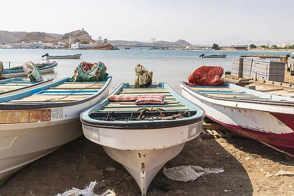 Middle East, Arabian Peninsula, Al Batinah South. Fishing boats on the beach in