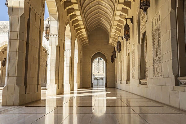 Middle East, Arabian Peninsula, Oman, Muscat. Exterior corridor of Sultan Qaboos Grand