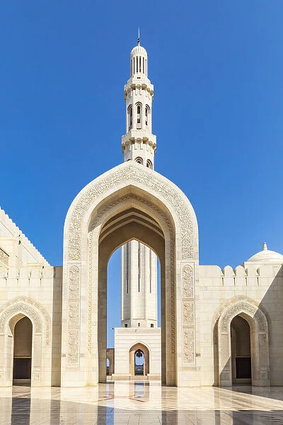 Middle East, Arabian Peninsula, Oman, Muscat. Entrance to the Sultan Qaboos Grand Mosque