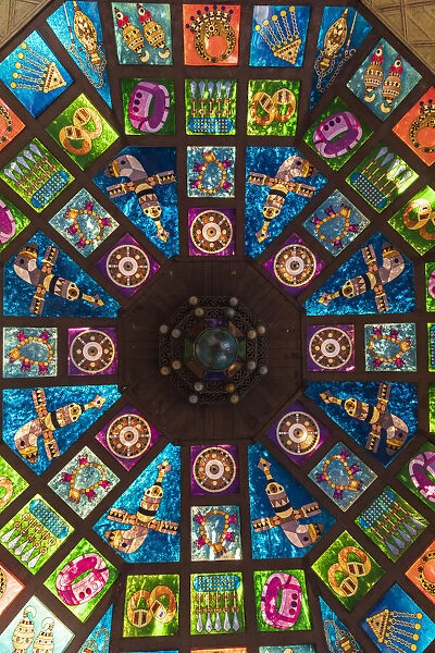 Middle East, Arabian Peninsula, Oman, Muscat, Muttrah. Stained glass ceiling in