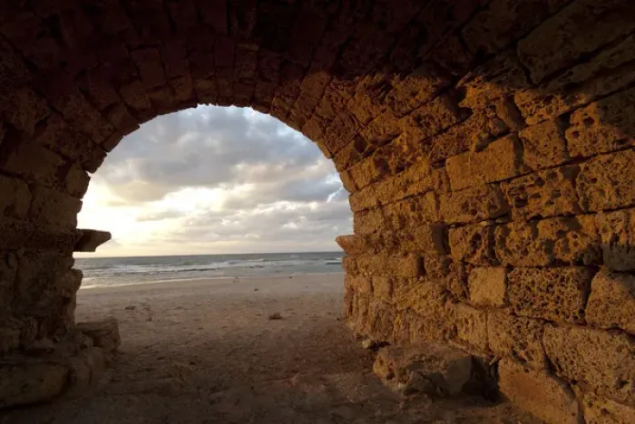 Framed Print : Middle East, Israel, remains of an ancient aqueduct as sunset at the historic city