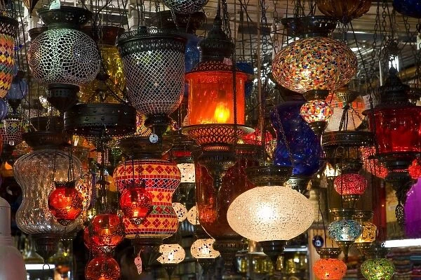 Middle East Turkey and city of Istanbul vendors, shoppers, colorful lights on display