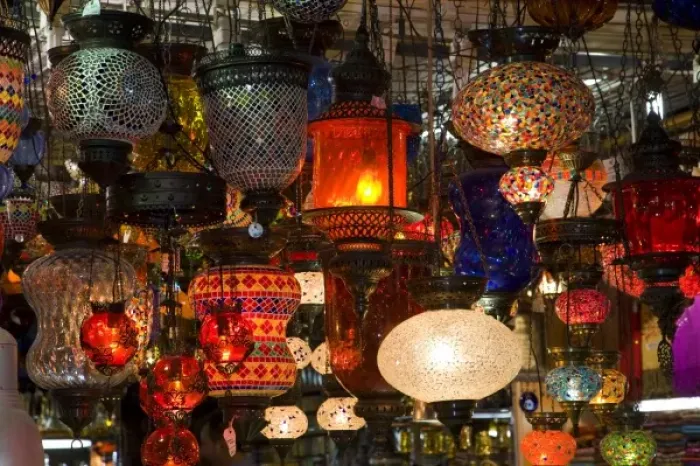 Framed Print : Middle East Turkey and city of Istanbul vendors, shoppers, colorful lights on display