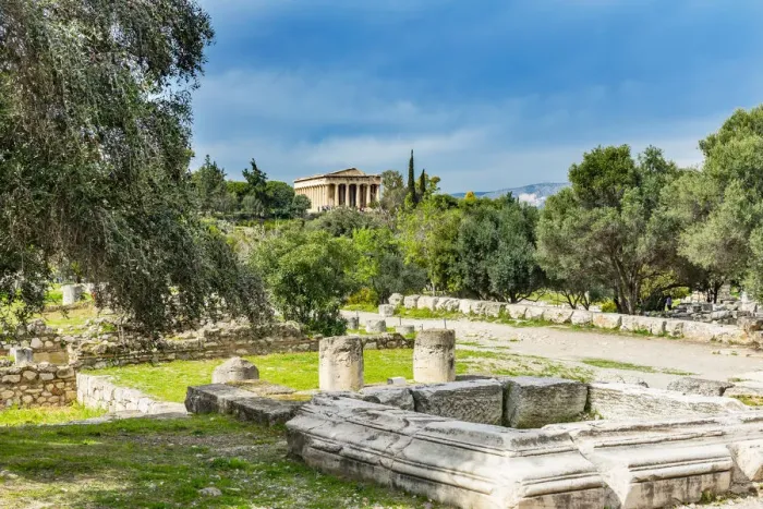 Framed Print : Middle Stoa ruins, ancient Temple of Hephaestus. Agora Marketplace, Athens, Greece