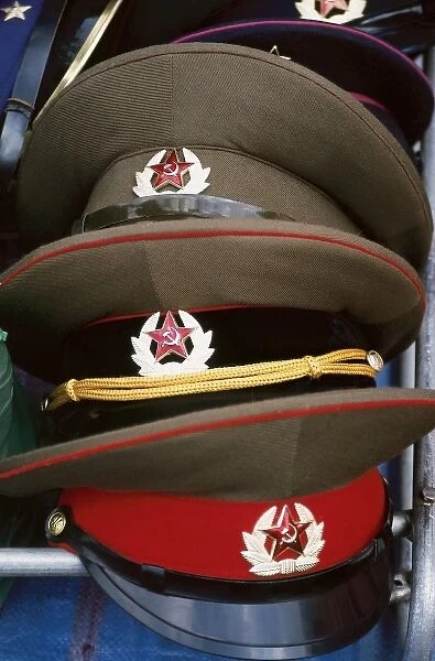 Military hats, outdoor market called Anniversary Stadium. WARSAW. Poland