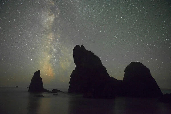 The Milky Way rising behind sea stacks on Ruby Beach, Olympic National Park