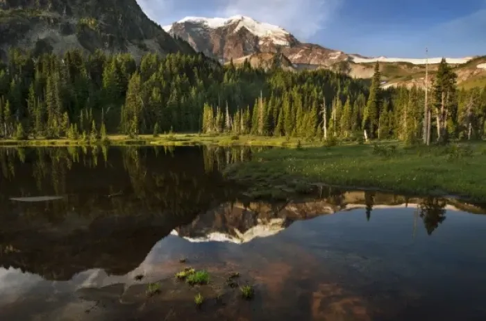 Framed Print : Mineral Mountain and Mount Rainier reflected in Mystic Lake, Mount Rainier National Park