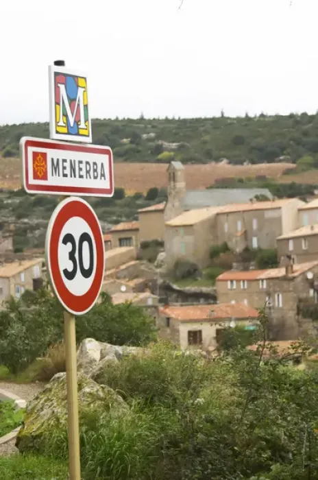Framed Print : Minerve village Menerba Minervois. Languedoc. Road sign with the name of the village Framed Print : Minerve village Menerba Minervois. Languedoc. Road sign with the name of the village