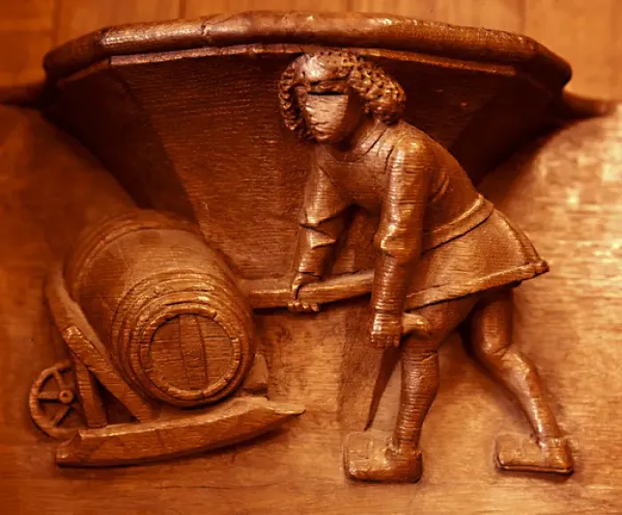 Framed Print : Misericord from Beauvais. Cooper. Barrel on a wheel-barrow. 15th cent Framed Print : Misericord from Beauvais. Cooper. Barrel on a wheel-barrow. 15th cent
