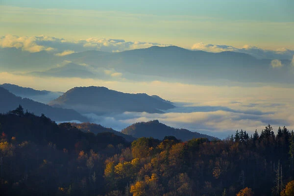 Mist in the valleys at sunrise at Clingmans Dome, Great Smoky Mountains National Park