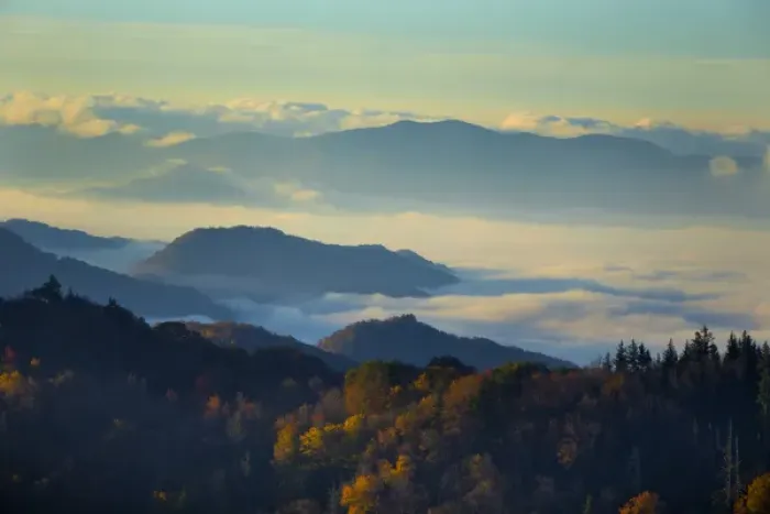Framed Print : Mist in the valleys at sunrise at Clingmans Dome, Great Smoky Mountains National Park