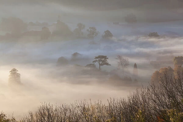 Misty autumn morning, Uley, Gloucestershire, England, UK