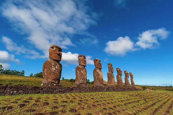 Moai statues of Ahu Akivi. Rapa Nui, Easter island, Chile