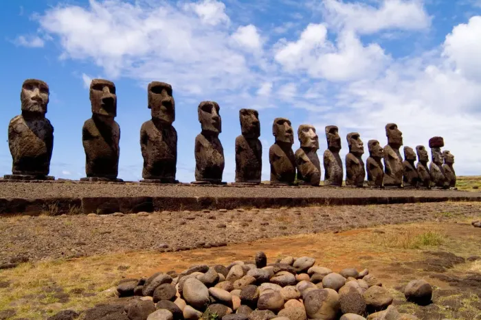 Framed Print : Moai Statues at Ahu Nau Nau Platform in Easter Island during Tapati Festival Rapa Nui