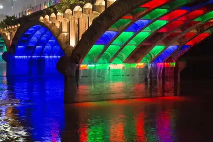 Framed Print : Modern bridge lighting at night in multi colors, Huangshan, China Framed Print : Modern bridge lighting at night in multi colors, Huangshan, China