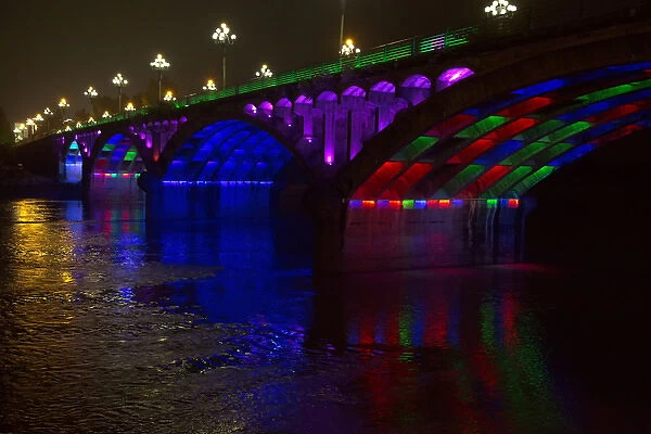 Modern bridge lighting at night in multi colors, Huangshan, China