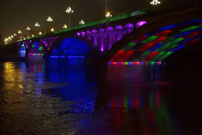 Framed Print : Modern bridge lighting at night in multi colors, Huangshan, China Framed Print : Modern bridge lighting at night in multi colors, Huangshan, China