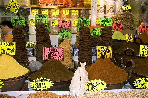 Mole pastes and powders being sold at the Merced Market in Mexico City, Mexico