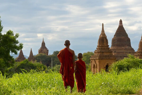 Monks with ancient temples and pagodas, Bagan, Mandalay Region, Myanmar