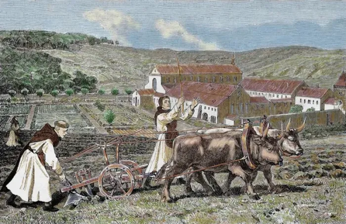 Framed Print : Monks ploughing the land with oxen. Germany. 1872. Colored engraving
