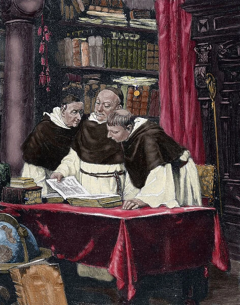 Monks reading a copy of the Gutenberg Bible. Engraving by O. Roth in The Spanish