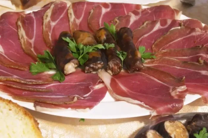 Framed Print : Montenegrin food speciality: Smoked and cured ham and smoked sausages. Durovic Jovo Winery