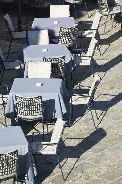Montenegro, Budva. Budva Old Town  /  Stari Grad, Cafe Tables and Chairs