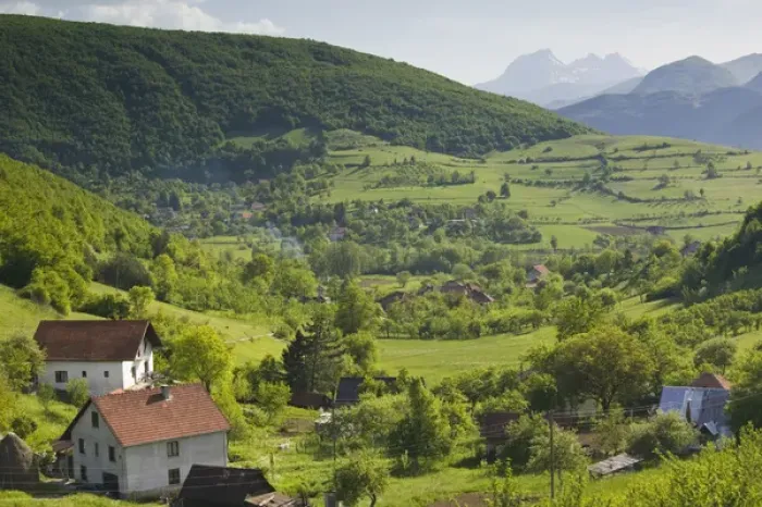 Framed Print : MONTENEGRO, Eastern Montenegro Mountains, Dapasici. Village with springtime mountain