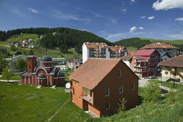 Montenegro. Rozaje, Alpine Town View with Orthodox Church  /  Springtime