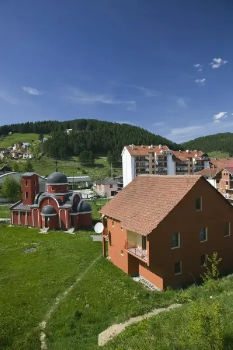 Framed Print : Montenegro, Rozaje, Alpine Town View with Orthodox Church  /  Springtime