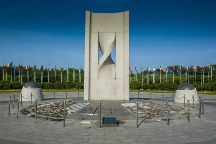 Framed Print : Monument with flags at the Olympic park, Seoul, South Korea